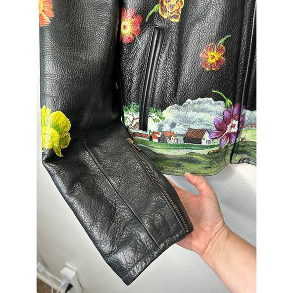 Libertine Hand-Painted Floral Skull Black Leather Moto Jacket M - Picture 6 of 16